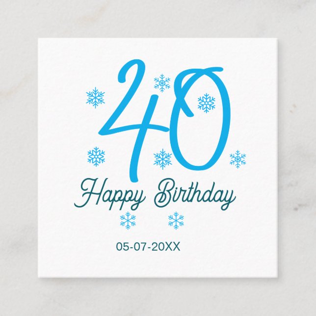 40th birthday add name date year blue template square business card (Front)