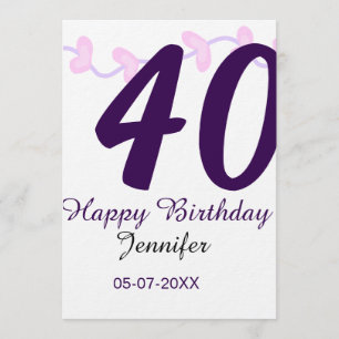 40th birthday add name date year purple floral pin invitation