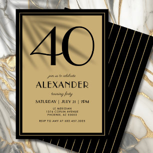 40th Birthday Adult Black and Gold Modern Minimal  Invitation