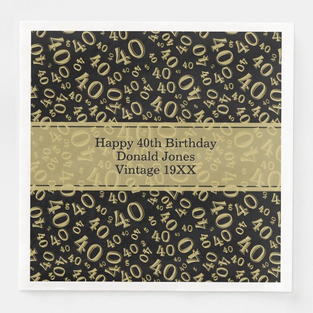 40th Birthday Age Number Pattern Black/Gold Napkin (Front)