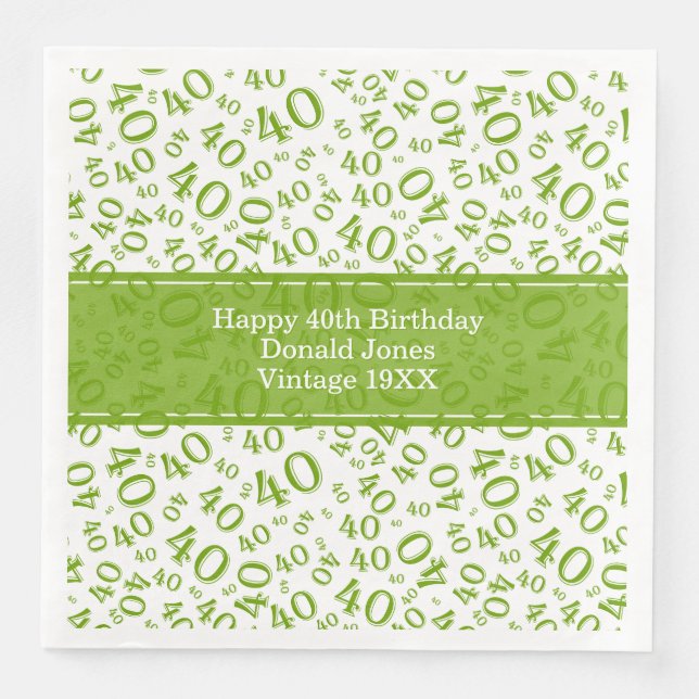 40th Birthday Age Number Pattern Green/White Napkin (Front)