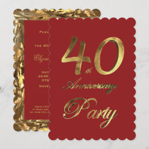 40th Birthday Anniversary Gold Red Elegant Invitation