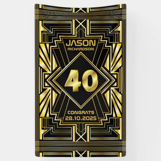 40th Birthday Art Deco Gold Black Great Gatsby Banner (Vertical)