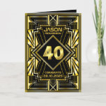 40th Birthday Art Deco Gold Black Great Gatsby Card<br><div class="desc">Celebrate your milestone birthday in style with this unique Art Deco-style,  Great Gatsby-inspired design featuring geometric shapes in bright gold over black background. An elegant,  classy,  gender neutral look perfect for commemorating that special birthday with the jazz-infused taste of the Roaring Twenties.</div>