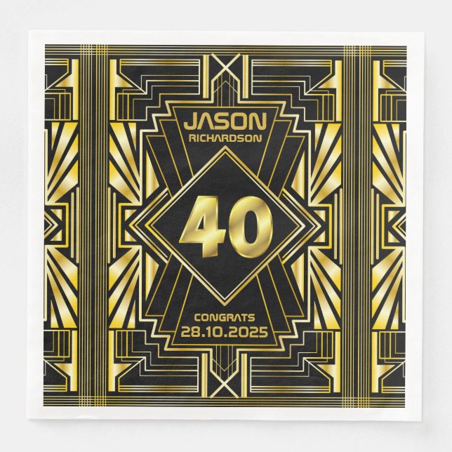 40th Birthday Art Deco Gold Black Great Gatsby Napkin (Front)