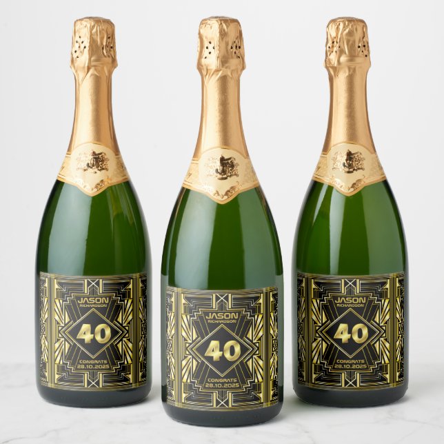 40th Birthday Art Deco Gold Black Great Gatsby Sparkling Wine Label (Bottles)