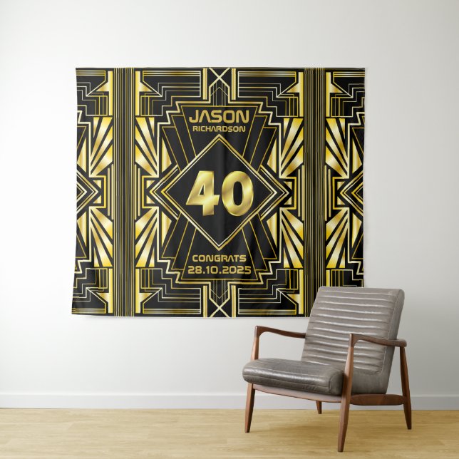 40th Birthday Art Deco Gold Black Great Gatsby Tapestry (In Situ (Horizontal))
