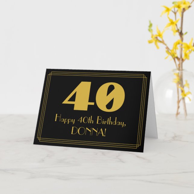 40th Birthday: Art Deco Inspired Look "40" & Name Card (Yellow Flower)