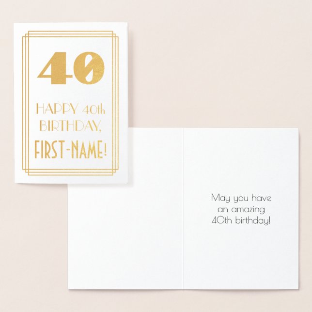 40th Birthday: Art Deco Inspired Look "40" & Name Foil Card (Display)
