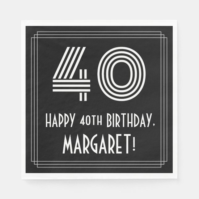40th Birthday: Art Deco Inspired Look "40" + Name Napkin (Front)