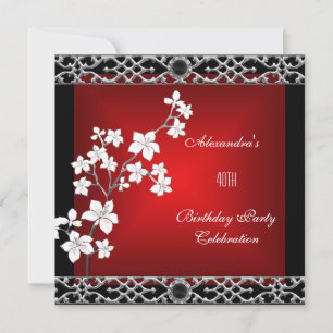 40th Birthday Asian Red Black Floral Silver White Invitation