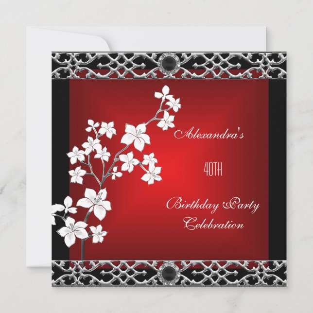 40th Birthday Asian Red Black Floral Silver White Invitation (Front)