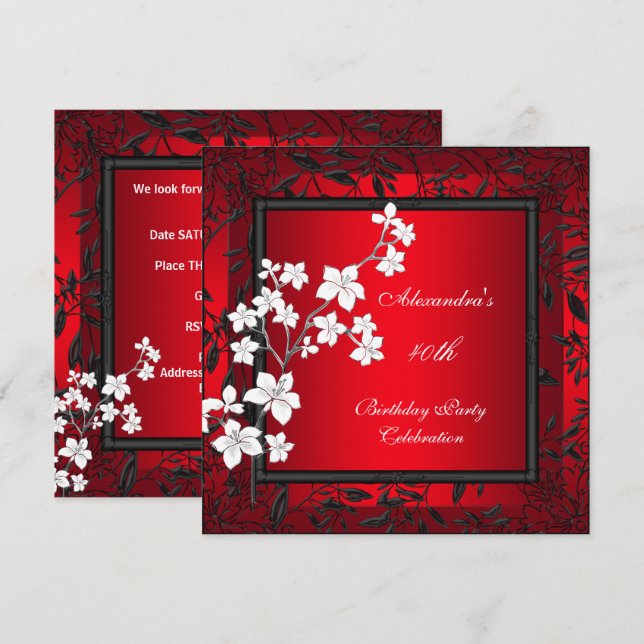 40th Birthday Asian Red Black Floral Silver White Invitation (Front/Back)