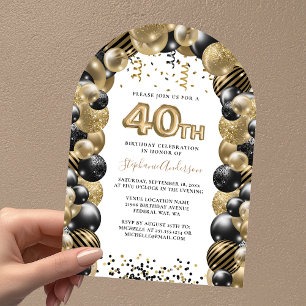 40th Birthday Balloon Gold Black Sparkle Invitatio Invitation