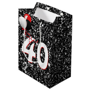40th Birthday Balloons on Black Glitter Medium Gift Bag
