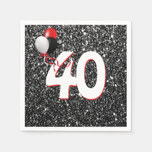 40th Birthday Balloons on Black Glitter Napkins