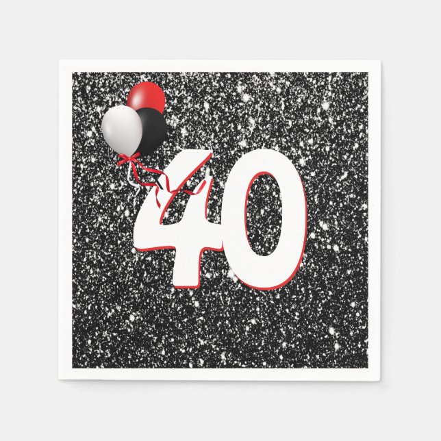 40th Birthday Balloons on Black Glitter Napkins (Front)