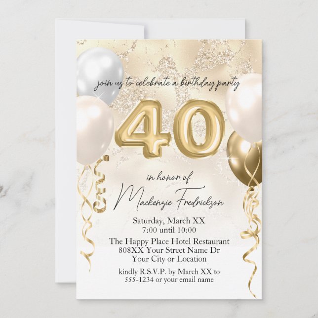 40th Birthday Balloons on Gold Glitter Marble Invitation (Front)
