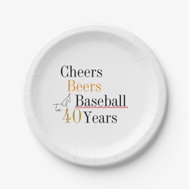 40th Birthday Baseball Cheers and Beers Party Paper Plate (Front)