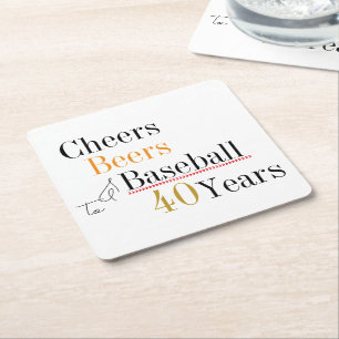 40th Birthday Baseball Cheers and Beers Party Square Paper Coaster