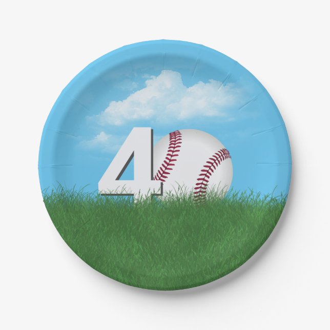40th Birthday Baseball In Green Grass Paper Plate (Front)