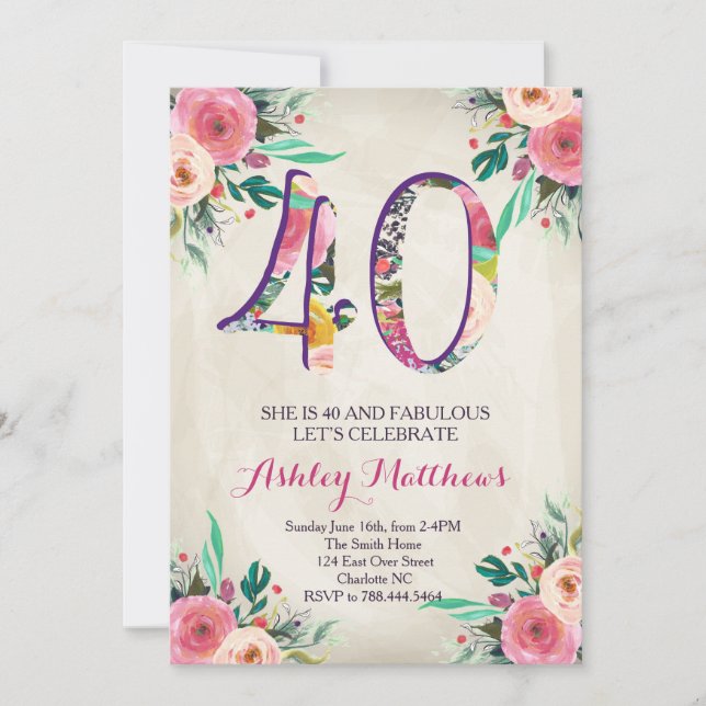 40th birthday Beautiful Floral Invitation, Invitation (Front)
