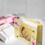 40th birthday bees honeycomb pink florals photo large gift bag<br><div class="desc">For a 40th summer birthday party. Yellow,  white background with a honeycomb pattern. Decorated with pink coloured tropical florals flowers,  hibiscus and happy bumble bees. Add your own photo. Templates for a date and age 40. Green coloured letters.</div>