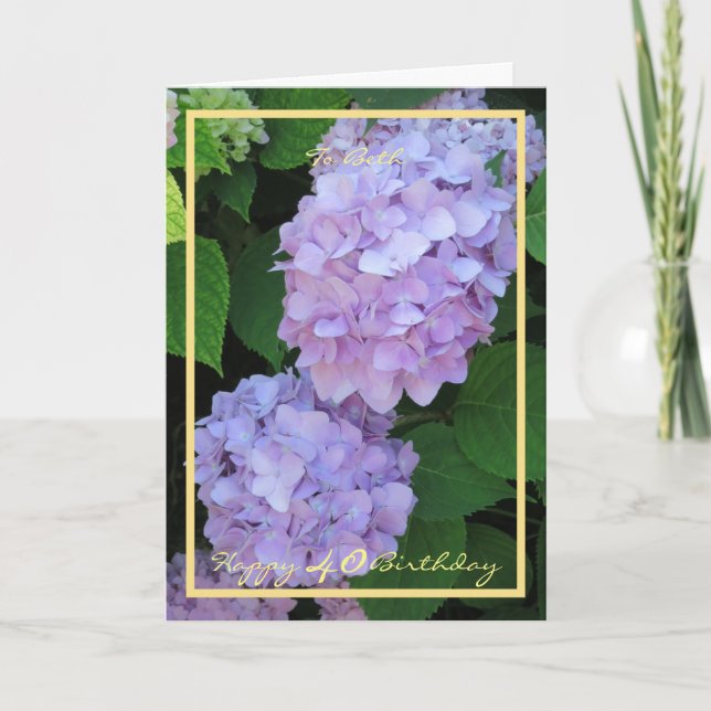 40th Birthday Beth Hydrangeas Elegant Gold Frame Card (Front)