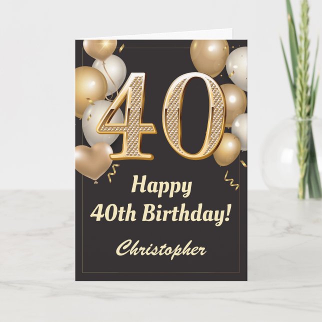 40th Birthday Black and Gold Balloons Confetti Card (Front)
