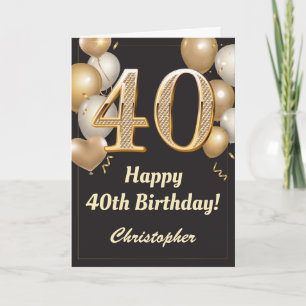 40th Birthday Black and Gold Balloons Confetti Card