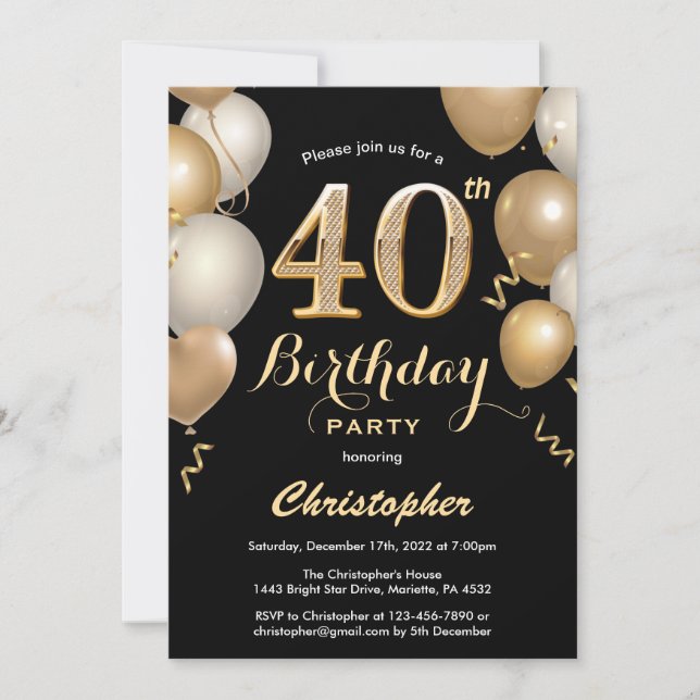 40th Birthday Black and Gold Balloons Confetti Invitation (Front)