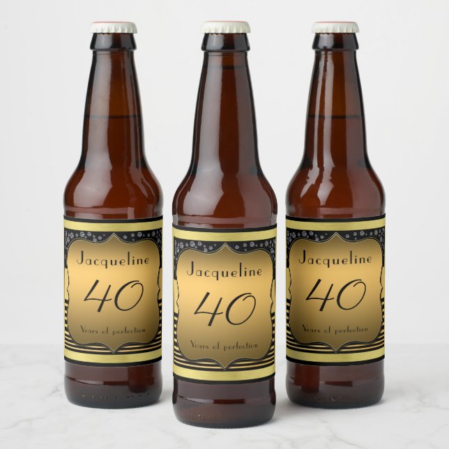 40th Birthday Black And Gold Beer Bottle Label (Bottles)