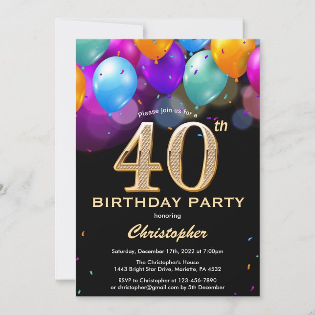 40th Birthday Black and Gold Colourful Balloons Invitation (Front)