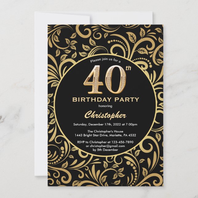 40th Birthday Black and Gold Floral Pattern Invitation (Front)
