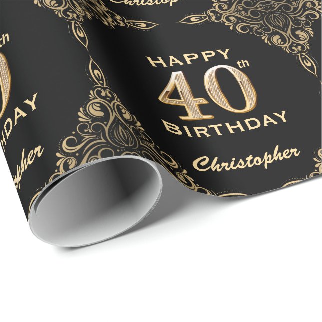 40th Birthday Black and Gold Glitter Frame Wrapping Paper (Roll Corner)