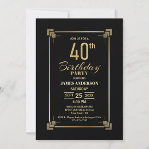 40th Birthday Black and Gold Party Invitation
