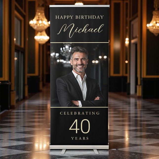 40th Birthday Black and Gold Script Photo  Retractable Banner (Creator Uploaded)