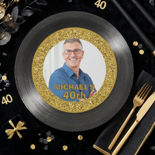 40th Birthday Black and Gold Vinyl Record Paper Plate