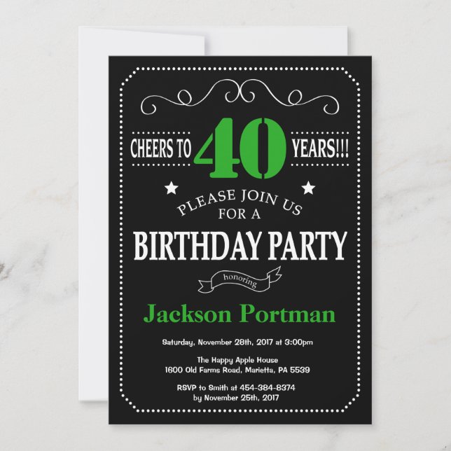 40th Birthday Black and Green Chalkboard Invitation (Front)