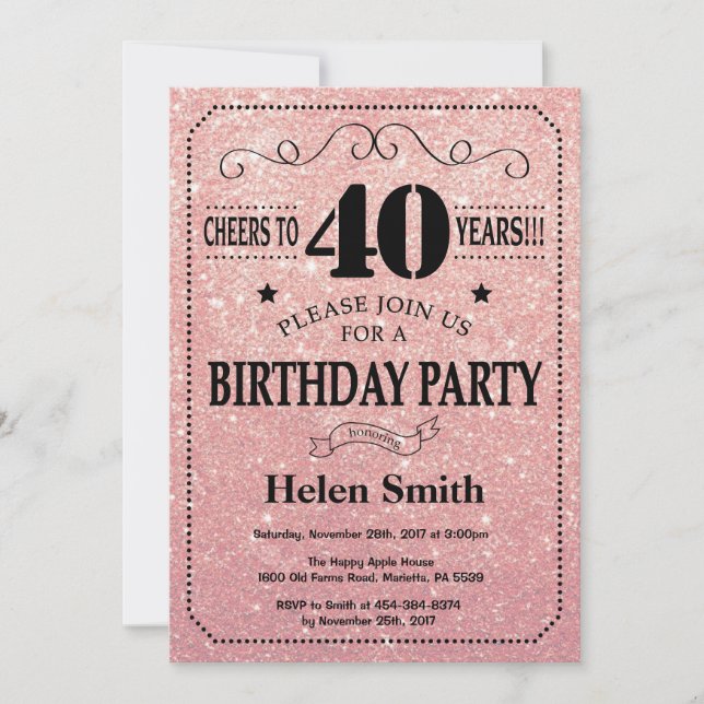 40th Birthday Black and Pink Rose Gold Glitter Invitation (Front)