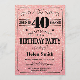 40th Birthday Black and Pink Rose Gold Glitter Invitation