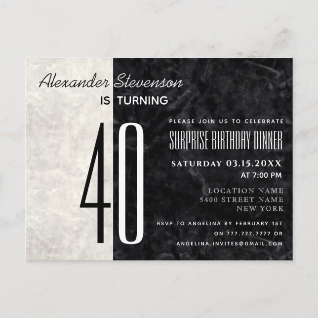 40th Birthday Black and White Marble Invitation (Front)