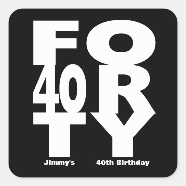 40th Birthday, Black and White Square Sticker (Front)