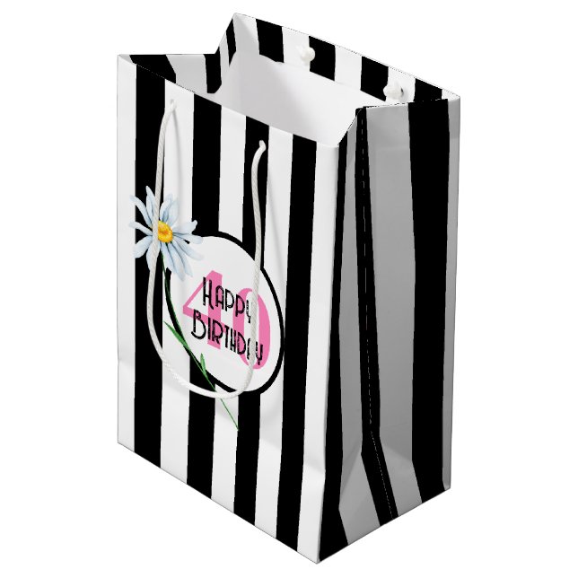40th Birthday Black And White Stripes Medium Gift Bag (Front Angled)