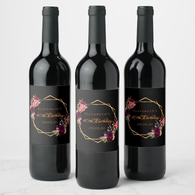 40th birthday black floral gold geometric burgundy wine label (Bottles)