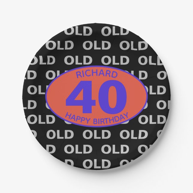 40th Birthday Black Funny OLD Fortieth Paper Plate (Front)