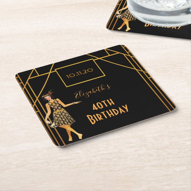 40th birthday black gold 1920's art deco style square paper coaster (Angled)