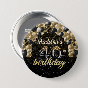 40th Birthday Black Gold Balloon Glitter Button