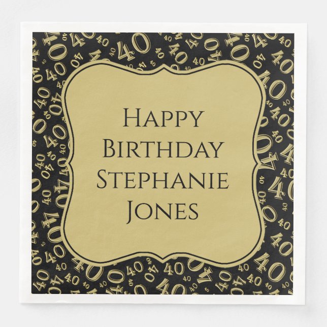 40th Birthday Black/Gold Bracket Number Pattern Napkin (Front)