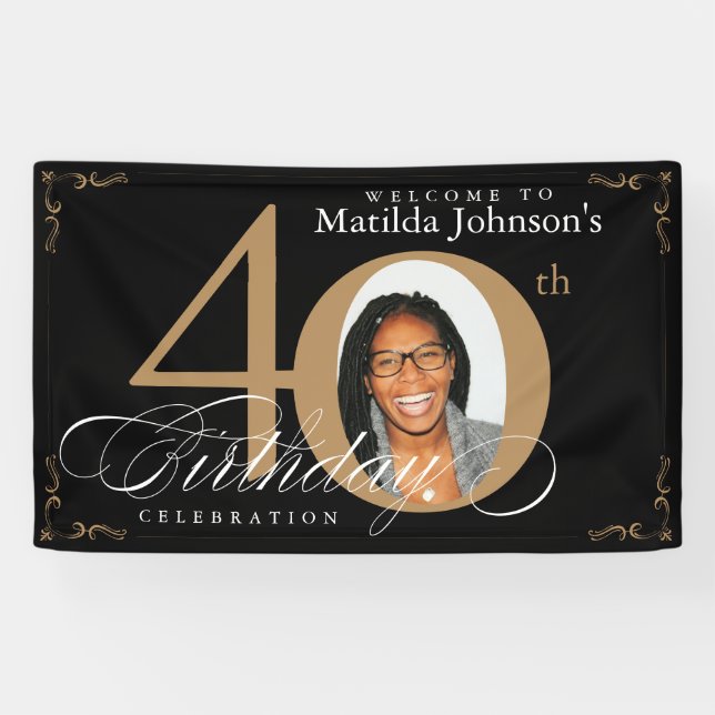 40th Birthday Black Gold Calligraphy Custom Photo Banner (Horizontal)